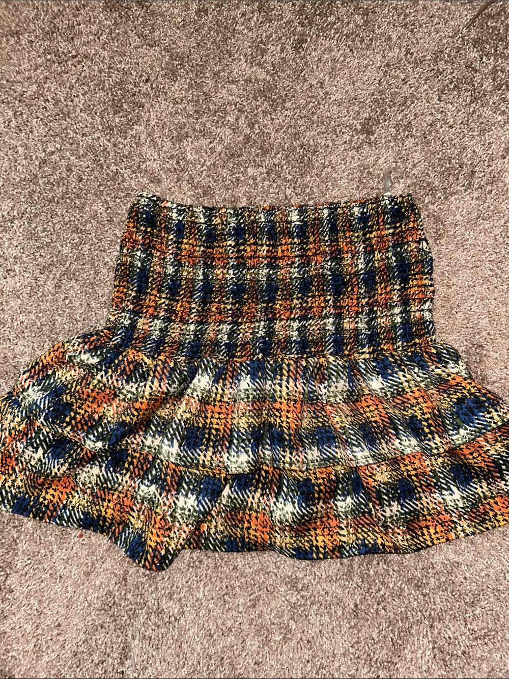 Ellie Multicolor Plaid Smocked Skater Skirt in Navy, Orange, Cream, Olive